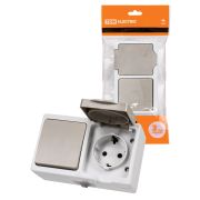 Блок (горизонтальный) выключатель 1-кл. + розетка 2П+З с з/ш БКВР IP54 серый «Вуокса» TDM