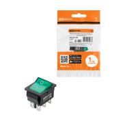 Выключатель клавишный KCD4-202N 250В AC/DC, 2P, 15А, (6с), ON-ON, черный корпус, зеленая клавиша с LED подсветкой TDM